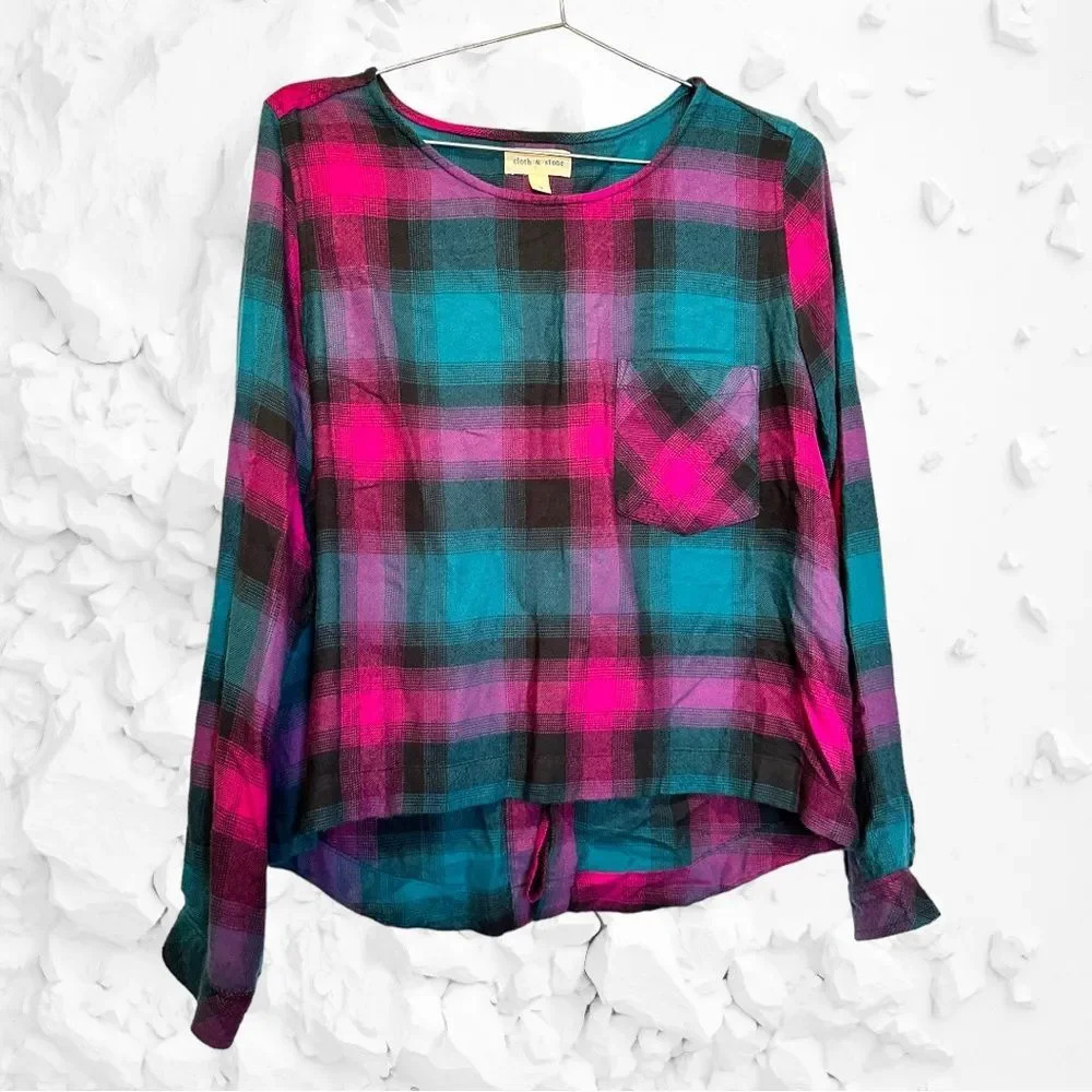 Anthropologie Cloth & Stone Pink Plaid Lace Up Back Long Sleeve Blouse Sz Small